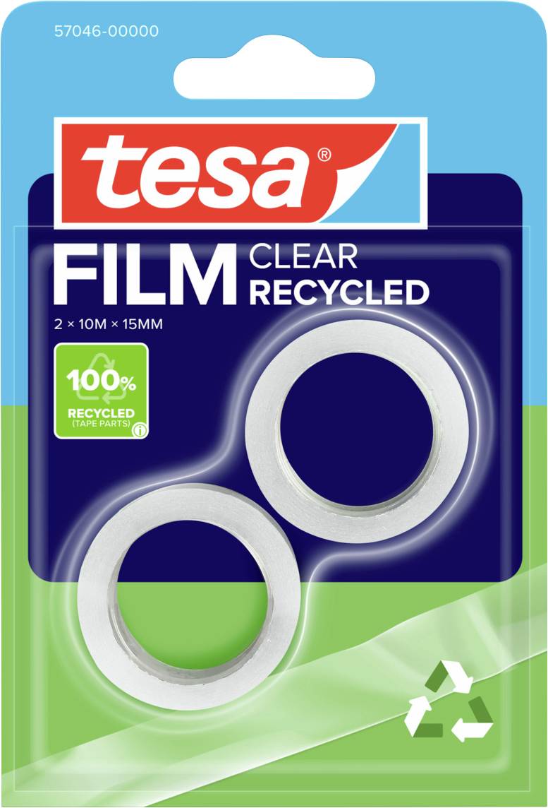 Emballage en « film recyclé transparent » avec deux rouleaux de ruban adhésif, mettant en évidence « 100 % de pièces en plastique recyclé ».
