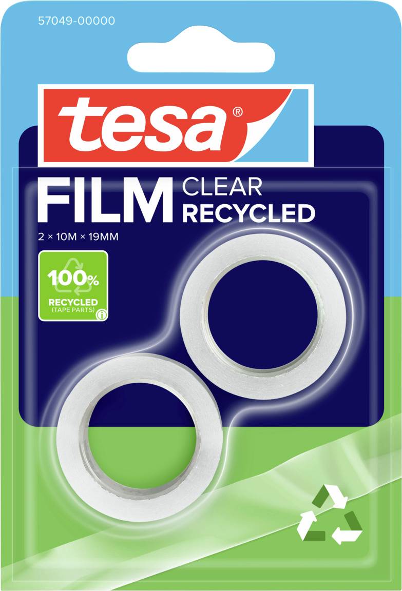 Lot de ruban adhésif Tesa Film Clear Recycled, 2 rouleaux, 10m x 19mm. Fabriqué avec 100% de matières recyclées. Emballage vert avec symbole de recyclage.