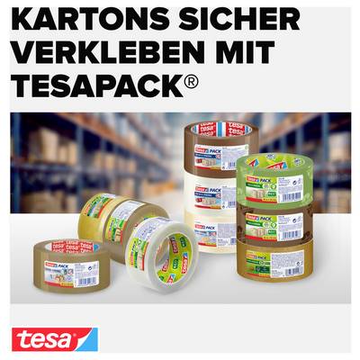 « Sceller les cartons en toute sécurité avec tesaPack® » montre des rubans d'emballage empilés dans un entrepôt. Différentes couleurs et modèles sont représentés.