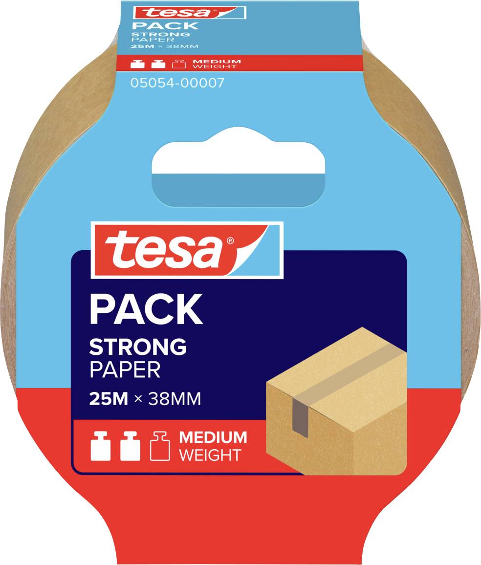 Un rouleau de ruban adhésif d'emballage Tesa étiqueté « Strong Paper, 25m x 38mm, Medium Weight », avec une icône de boîte en carton, présentant les détails du produit.
