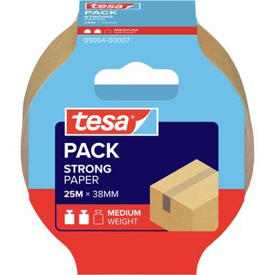 Un rouleau de ruban adhésif d'emballage Tesa étiqueté « Strong Paper, 25m x 38mm, Medium Weight », avec une icône de boîte en carton, présentant les détails du produit.