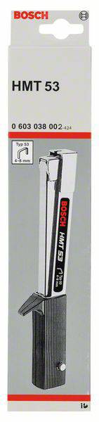 Emballage de produit portant l'inscription 'Bosch HMT 53'. Présente un type d'outil métallique et le numéro de série '0 603 038 002'.