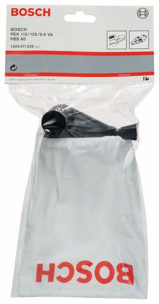 Sac à poussière dans son emballage avec le logo Bosch, adapté aux modèles PEX 115/125/9,6 VA et PBS 60, affichant des informations sur l'utilisation du produit.