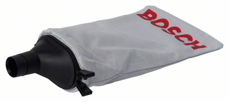 Un sac à poussière gris avec un raccordement noir et un logo 'BOSCH' rouge dessus.