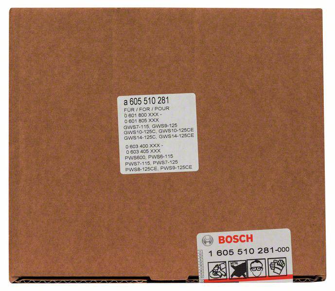 Carton d'emballage avec étiquette Bosch. Numéro de pièce : 1 605 510 281. Contient une liste de numéros de modèles compatibles pour les outils.