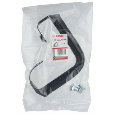 Poignée en plastique de Bosch, noire, dans un emballage plastique avec boulon et étiquette. Convient pour les appareils électriques ou accessoires.