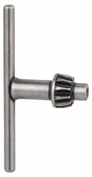 Une clé de mandrin en argent, avec une longue poignée droite et une roue dentée pour la fixation des mandrins.