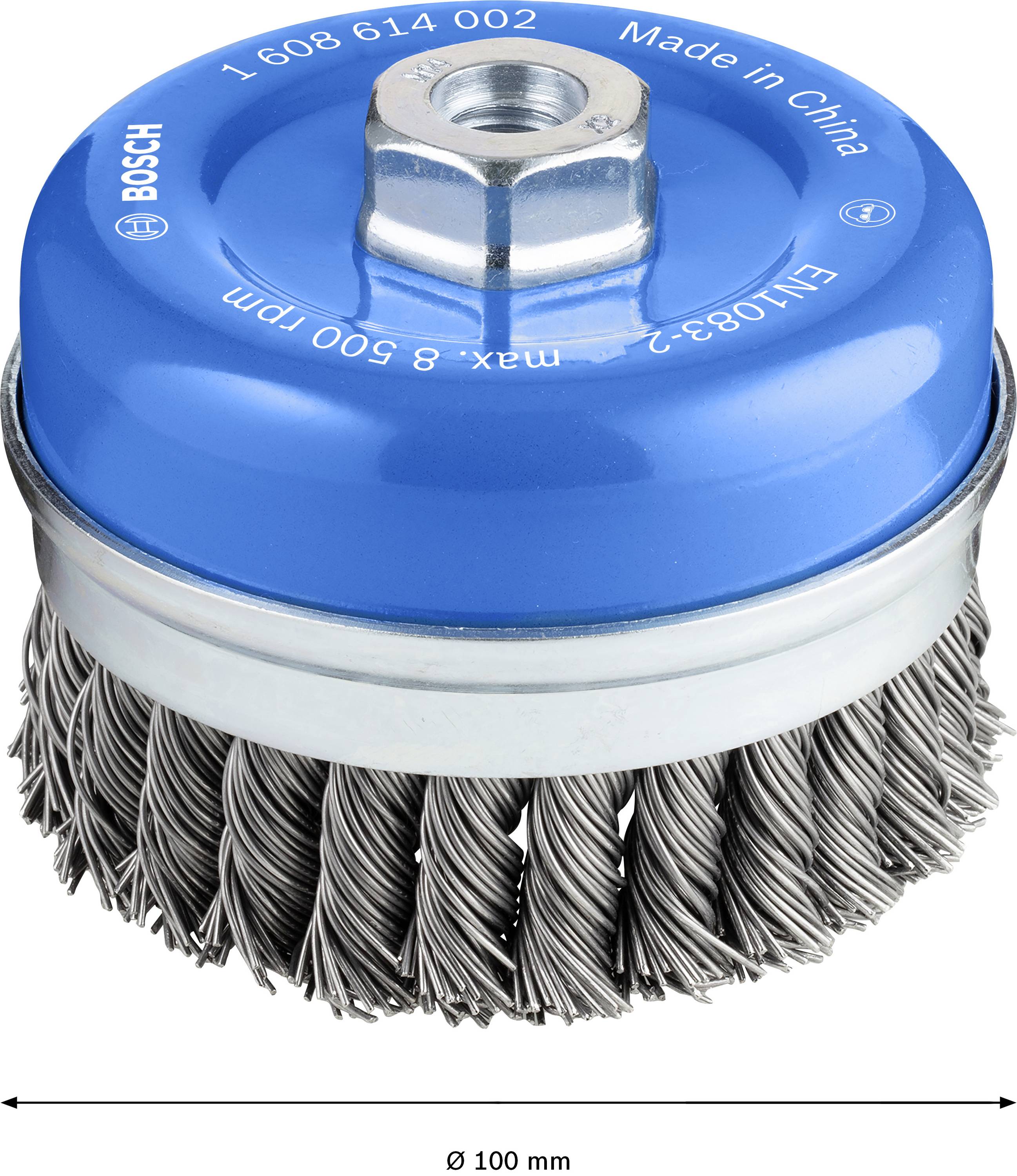 Une brosse métallique ronde avec boîtier métallique bleu, adaptée pour le nettoyage et l'élimination de la rouille ; diamètre 100 mm.