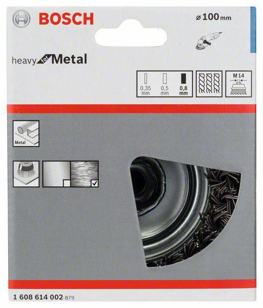 Brosse métallique Bosch pour métal, diamètre de 100 mm, épaisseur de fil de 0,35 mm, filetage M14. Adaptée aux travaux de nettoyage intensifs.