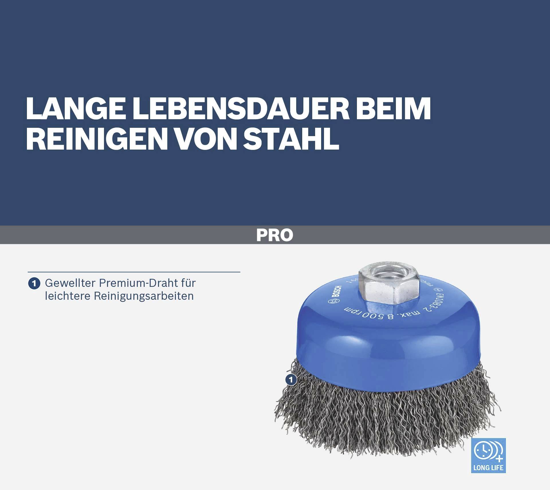Une brosse métallique avec un support bleu et des fils ondulés, recommandée pour le nettoyage de l'acier en raison de sa longue durée de vie.