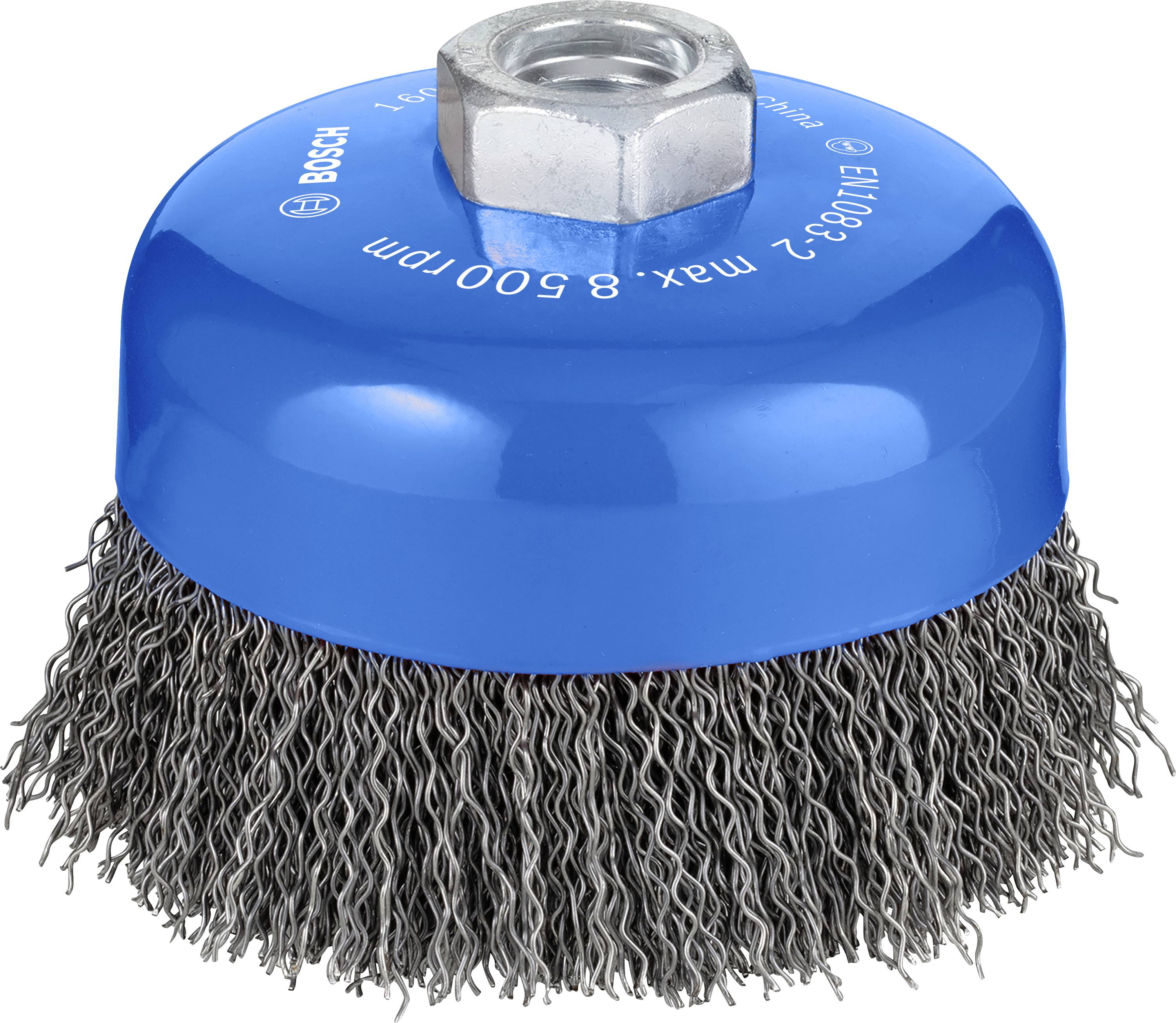 Un brosse métallique ronde avec un boîtier bleu et des poils en acier, adaptée pour une utilisation avec une perceuse pour le nettoyage des métaux.