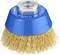 Brosse métallique ronde bleue avec des poils en métal, adaptée aux perceuses, pour le nettoyage ou la préparation de surfaces.
