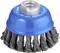 Embout de brosse métallique bleu pour perceuse, adapté au nettoyage et au décapage de surfaces.