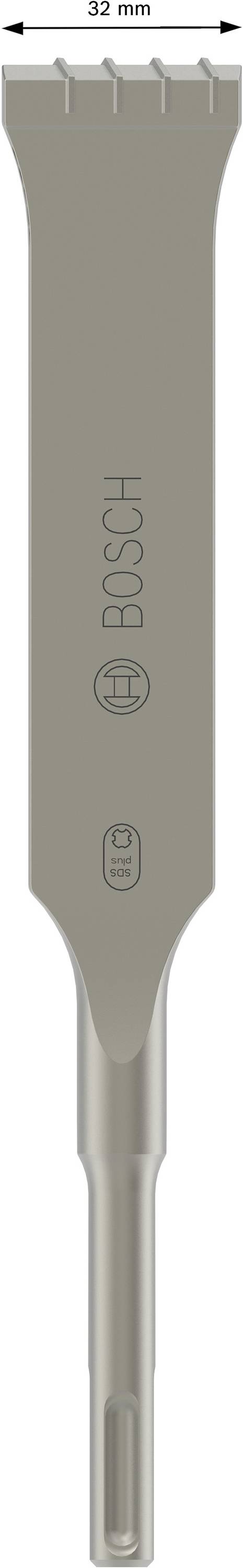 Burin pointu Bosch, largeur 32 mm, métal robuste, adapté aux travaux de démolition ou au travail du béton, emmanchement SDS-plus pour marteaux perforateurs.