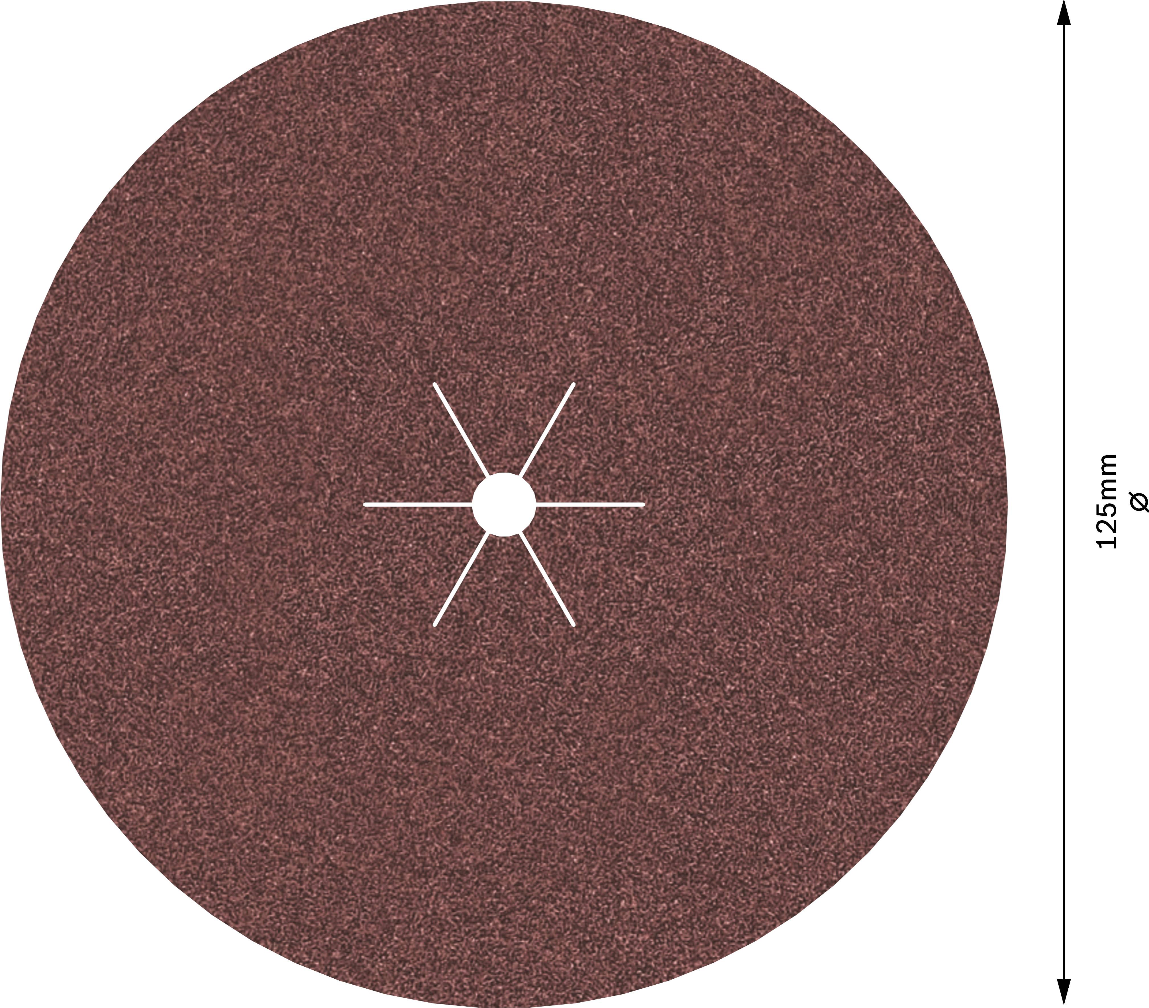 Un papier abrasif rond et brun avec six entailles autour du trou central. Diamètre : 125 mm.