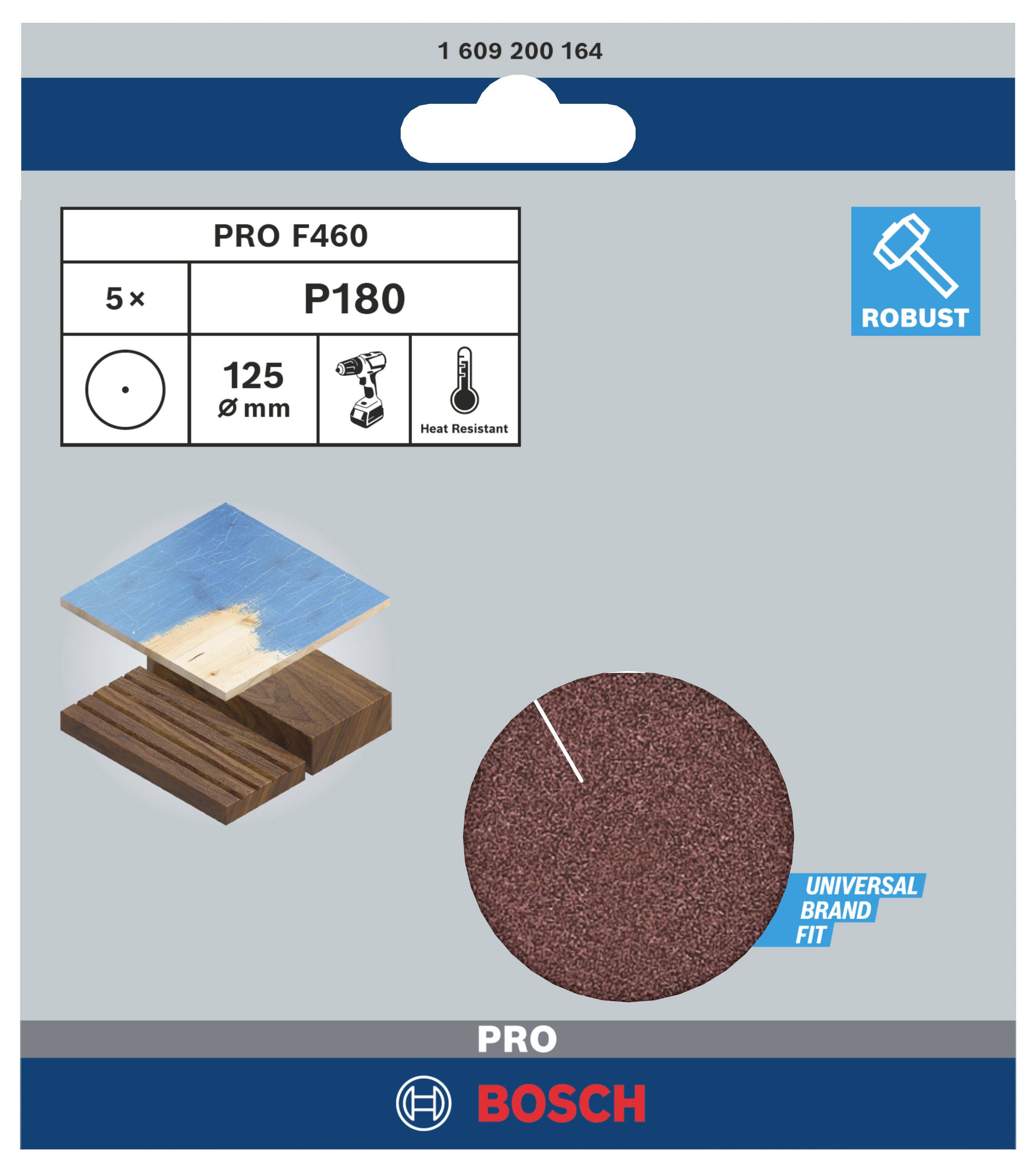 « Disques abrasifs Bosch Pro F460, 5 pièces, P180, 125 mm de diamètre, pour bois et métal, résistants à la chaleur, robustes » est inscrit sur l'emballage.