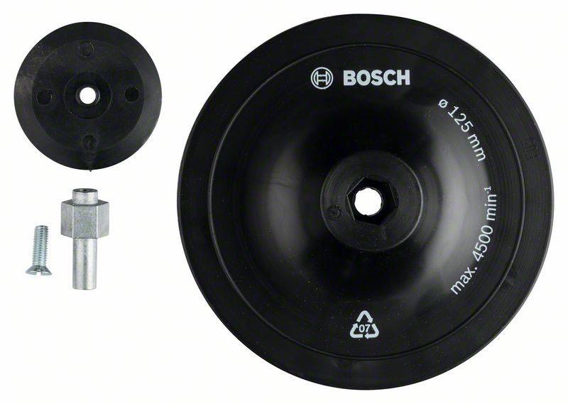 Plateau de ponçage Bosch ; Diamètre 125 mm ; vitesse max. 4500 tr/min. Comprend un adaptateur et une vis. Adapté aux outils électriques.