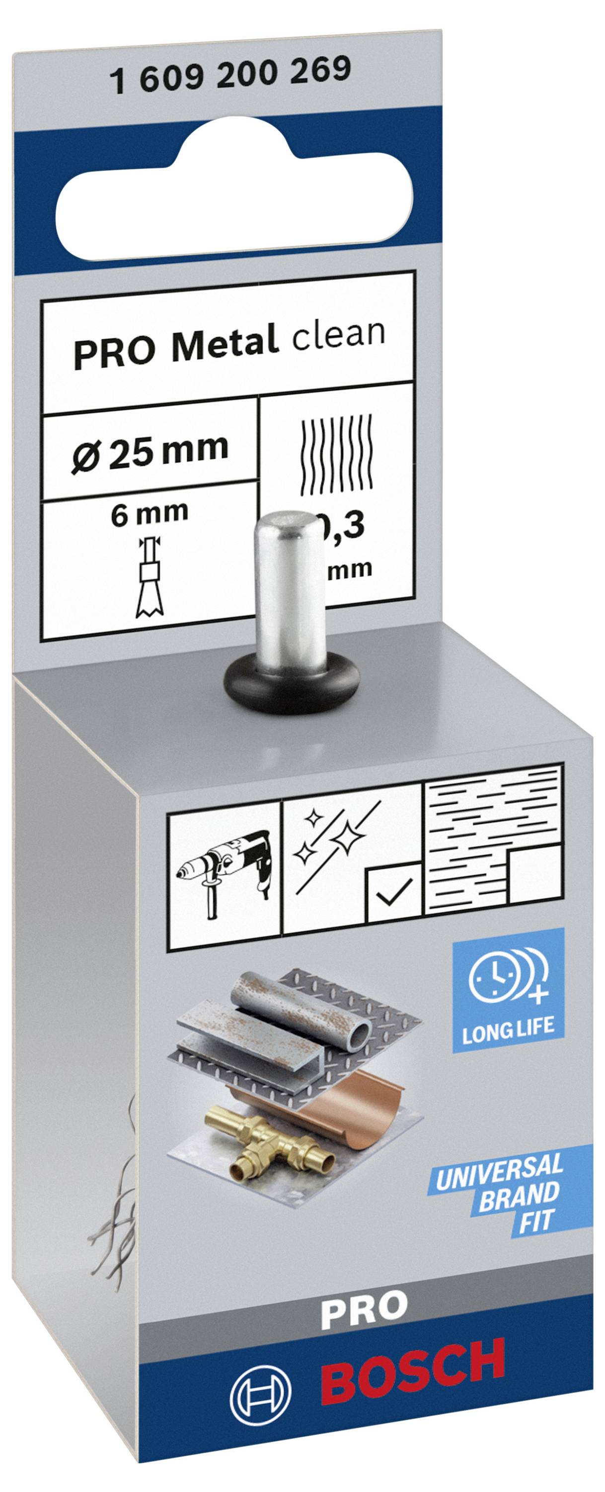 Emballage d'une brosse 'PRO Metal clean' de Bosch. Pour le travail des métaux, Ø 25 mm, tige de 6 mm, épaisseur des soies 0,3 mm. Usage universel.