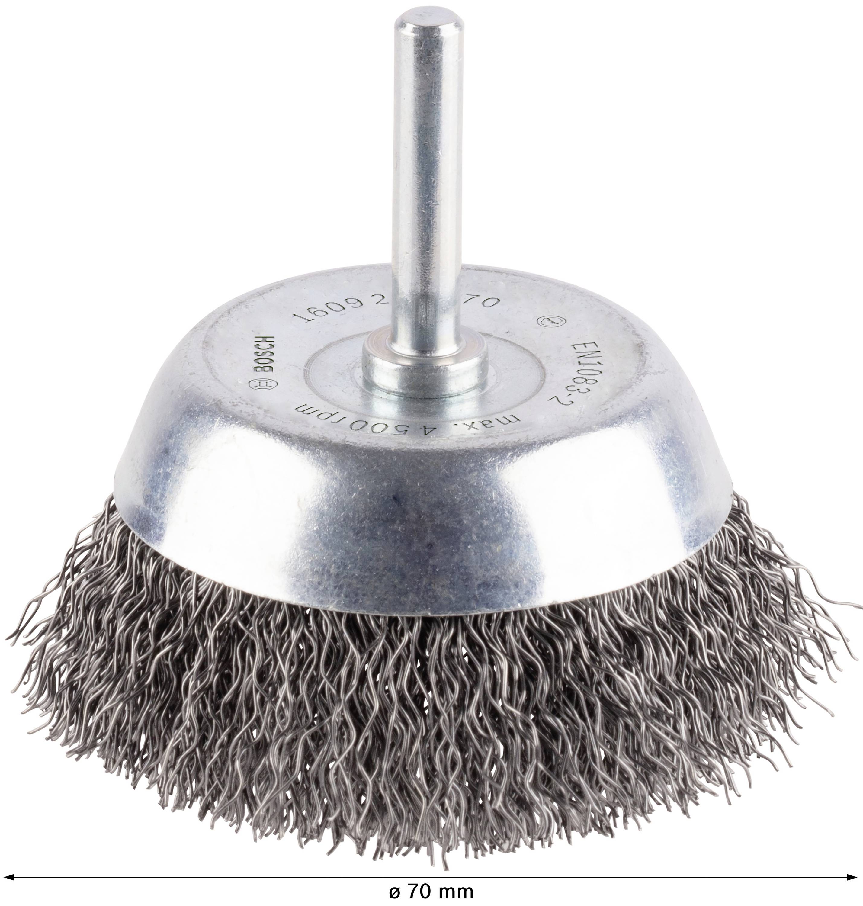 Brosse métallique ronde avec boîtier en métal et brosses en fil d'acier, diamètre de 70 mm, adaptée au nettoyage et au dérouillage de surfaces.
