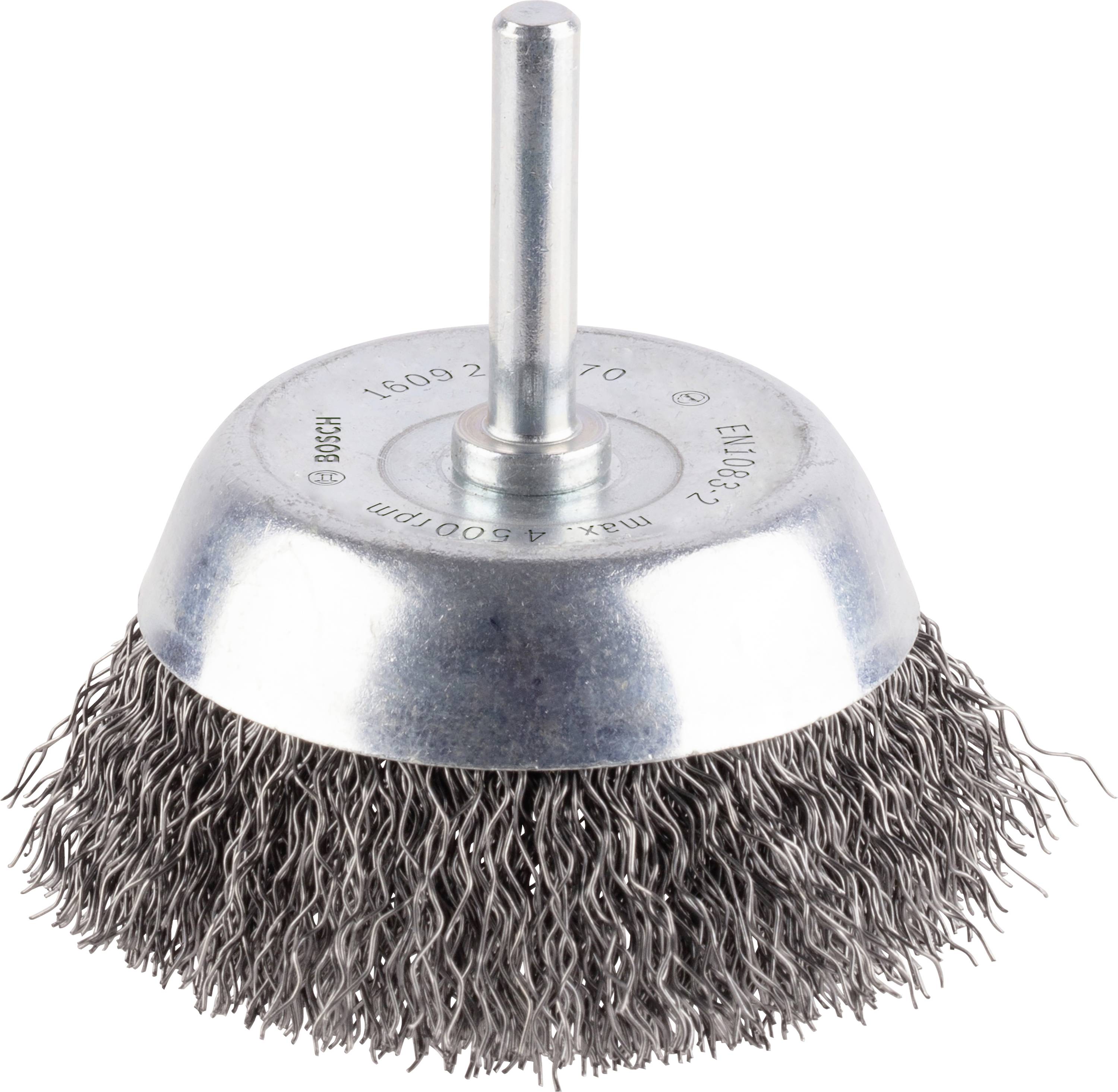 Brosse métallique circulaire avec manche, adaptée aux perceuses pour éliminer la rouille et la peinture ; poils métalliques, forme ronde.