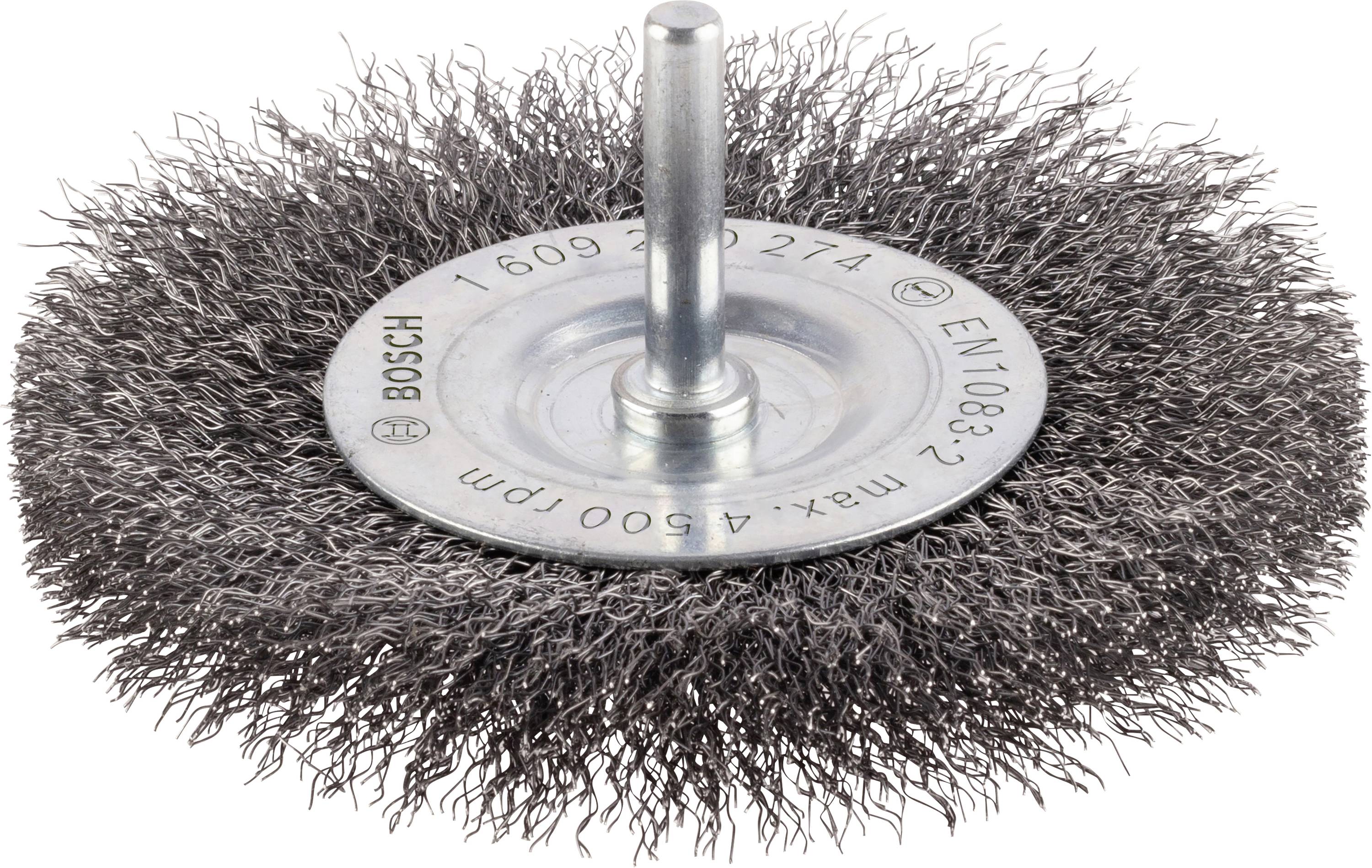 Brosse métallique rotative pour perceuse, disposition circulaire de poils métalliques, adaptée pour éliminer la rouille et la peinture.