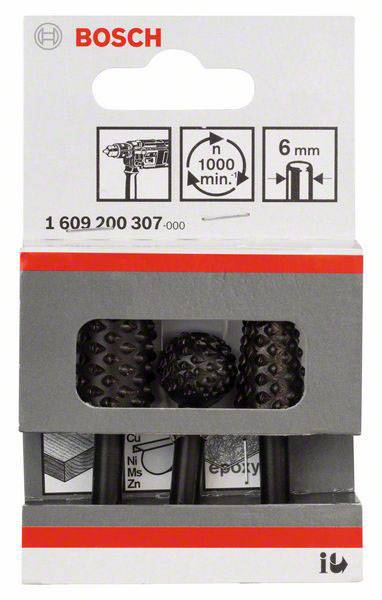 Un ensemble de têtes de forage Bosch, convenant aux matériaux tels que Cu, Ni, Ms, Zn et résine époxy. L'emballage contient trois têtes de forage, adaptées pour un diamètre de 6 mm.