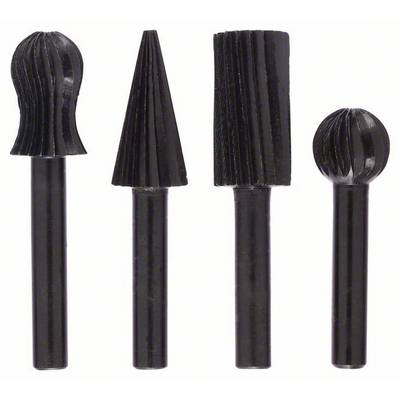 Quatre embouts de ponçage noirs de différentes formes : conique, rond, rectangulaire, sphérique. Pour un traitement de matériaux précis.