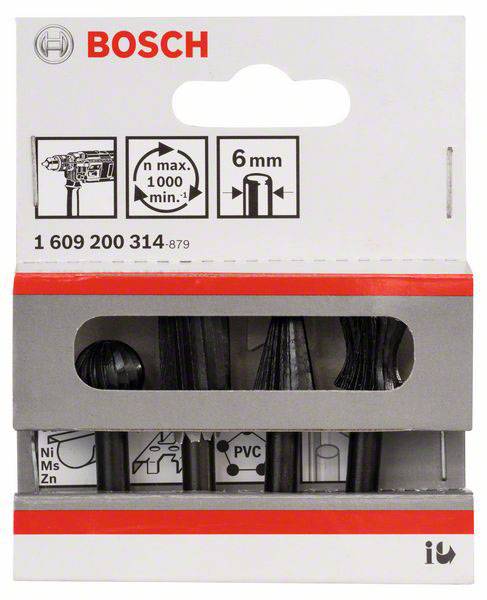 Emballage d'accessoires de forage Bosch pour différents matériaux, adapté aux perceuses d'au moins 1000 tr/min, diamètre 6 mm.
