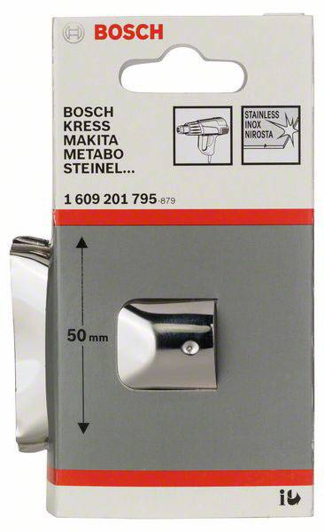 Emballage d'un embout de soufflerie à air chaud en acier inoxydable de Bosch, largeur de 50 mm, compatible avec différentes marques.