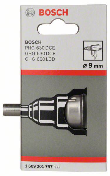 Emballage en carton d'un accessoire Bosch pour pistolet thermique. Texte 'BOSCH PHG 630 DCE, GHG 630 DCE, GHG 660 LCD' et symbole d'une buse.
