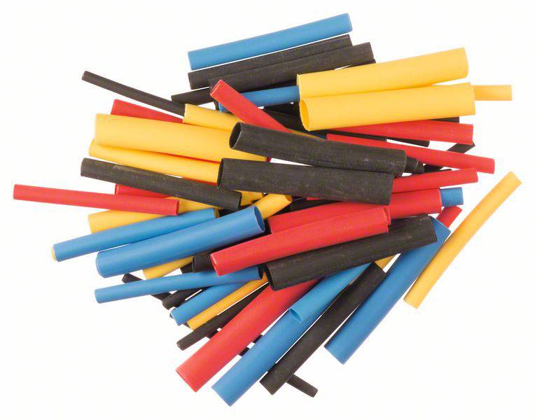 Gaines thermorétractables colorées de différentes tailles, empilées et mélangées. Couleurs principales : Rouge, Jaune, Noir, Bleu.