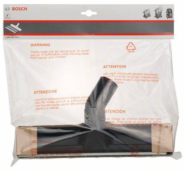 Une buse Bosch dans un emballage transparent avec un avertissement : Le sac en plastique peut être dangereux, risque d'étouffement.