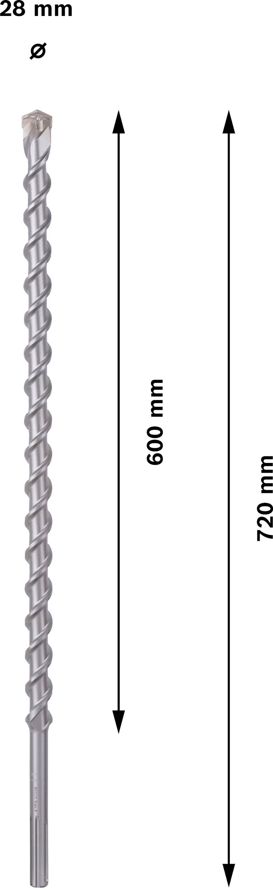 Foret d'un diamètre de 28 mm et d'une longueur de 720 mm, dont longueur utile 600 mm, représenté avec des flèches sur fond clair.