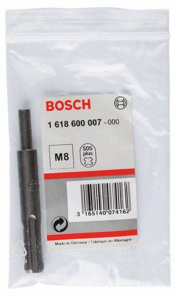 Support de foret dans son emballage, nom de marque 'Bosch', modèle '1 618 600 007 - 000', taille 'M8', SDS plus, code-barres en dessous.