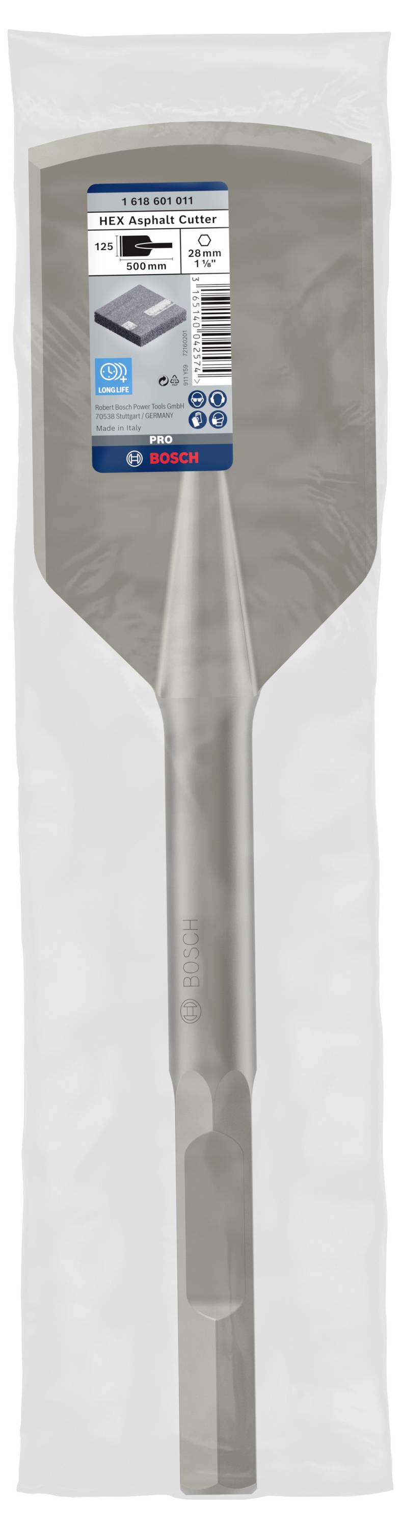 Un burin à spatule Bosch dans un emballage transparent. Le burin a une forme hexagonale avec une étiquette bleue.