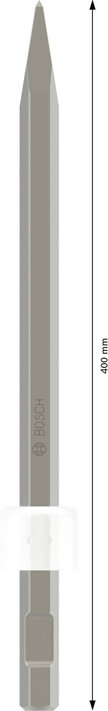 Un outil de burinage argenté avec une pointe hexagonale, représenté verticalement, d'une longueur de 400 mm.