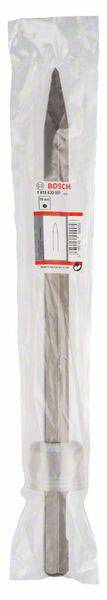 Un burin Bosch, dans un emballage transparent, adapté pour le marteau-perforateur. Nom du fabricant et détails du produit sur l'étiquette.