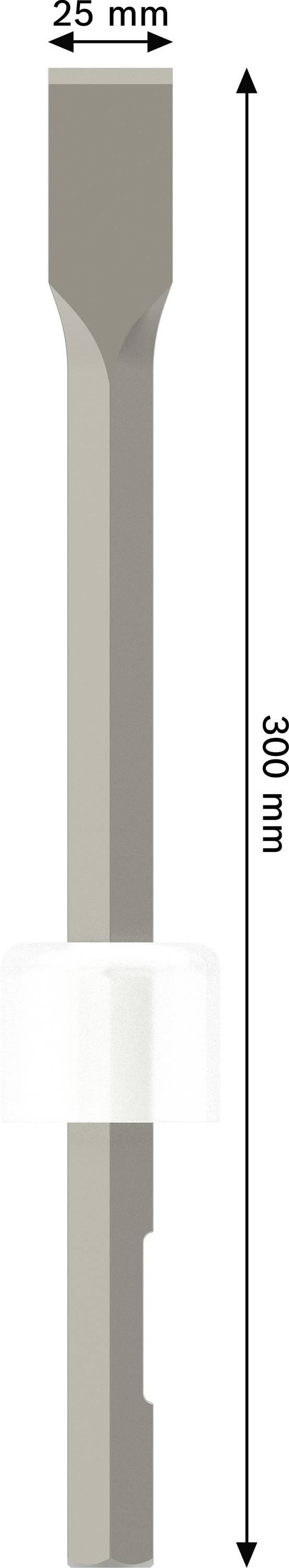 Foret à fraiser plat de 25 mm de largeur et 300 mm de longueur ; montre les dimensions et formes de la pointe de perçage et de la tige.