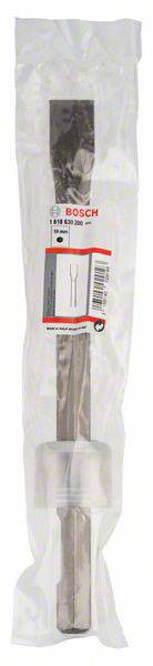 Un burin plat Bosch, conditionné dans un emballage en plastique transparent, adapté pour une utilisation avec un marteau-piqueur ou un marteau de démolition.