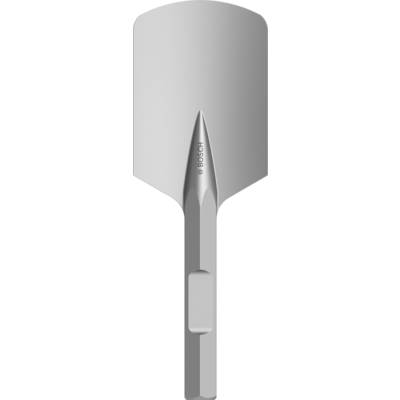 Un foret-bêche gris avec une tête tranchante et large, portant une empreinte de marque reconnaissable au milieu du manche.