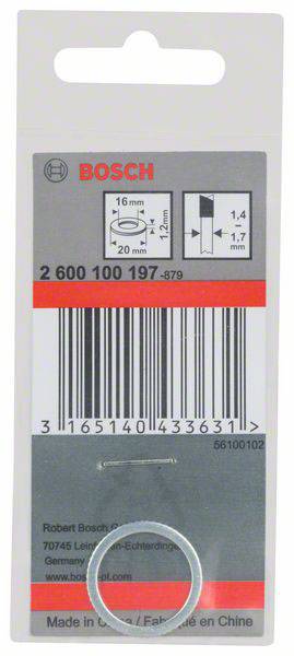 Emballage d'une rondelle Bosch avec dimensions : diamètre intérieur de 16 mm, diamètre extérieur de 20 mm, épaisseur de 1,2 mm. Fabriqué en Chine.