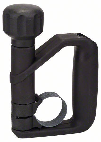 Un outil en plastique noir avec une poignée rotative et une pince métallique, probablement utilisé à des fins de fixation ou de maintien.