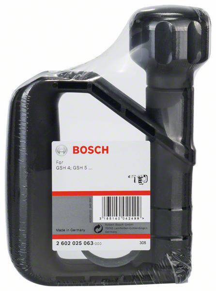 Un conteneur noir pour outils Bosch, adapté aux modèles GSH 4 et GSH 5. Contient le numéro de pièce '2 602 025 063-000'.