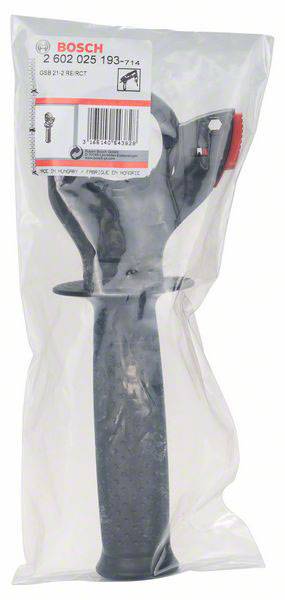 Poignée de rechange pour outils Bosch, emballée dans un sachet en plastique transparent, avec étiquette de produit et code-barres.