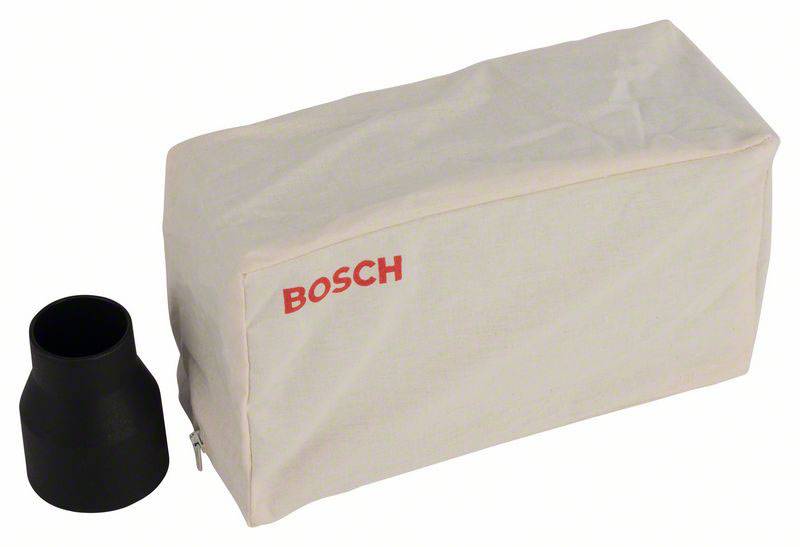 Sac filtrant en tissu avec logo 'BOSCH' rouge et adaptateur en plastique noir, utilisé pour la collecte de poussière dans les outils électriques.