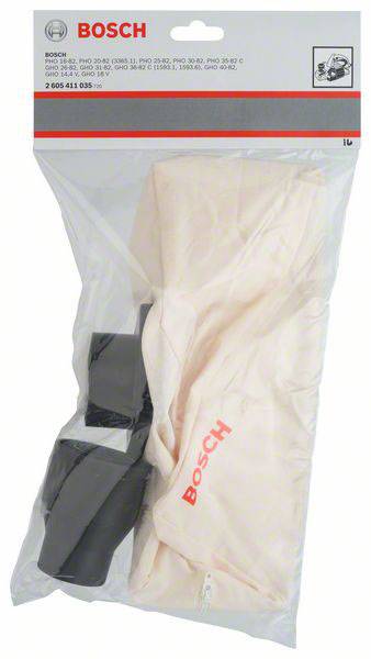 Sachet d'accessoires pour aspirateur Bosch : filtre Bosch imprimé en rouge et adaptateur noir, dans un emballage transparent.