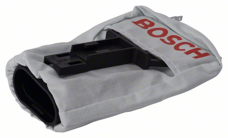 Sac collecteur de poussière avec l'inscription rouge 'BOSCH' et un élément de fixation, conçu pour la collecte des poussières sur les appareils Bosch.