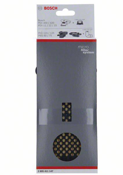 Emballage de papier abrasif Bosch, compatible avec PEX 115/125 et autres modèles, avec système de micro-filtration. L'image du produit présente des feuilles abrasives.