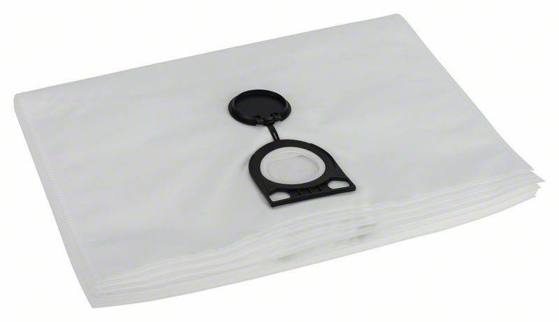 Un sac d'aspirateur en matériau blanc avec une ouverture en plastique noir au centre, posé à plat.