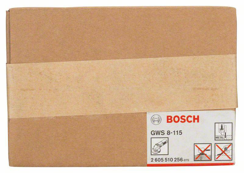 Un carton brun avec le logo Bosch et le numéro de modèle 'GWS 8-115'. Des symboles d'avertissement indiquent de ne pas couper de métal et de ne pas toucher à main nue.